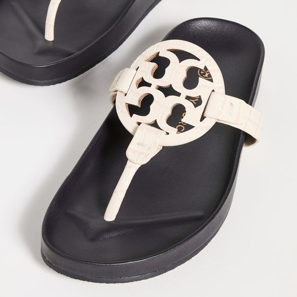 Tory Burch CROC EMBOSSED Miller Cloud Leather Thong Slides New Ivory Cream - Picture 3 of 5